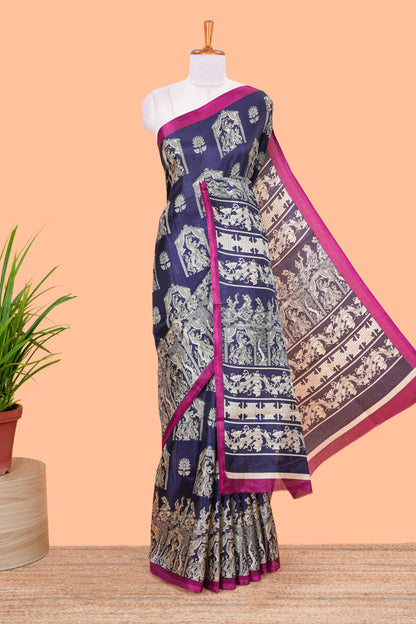 Blue south cotton saree with kalamkari print on body and pallu