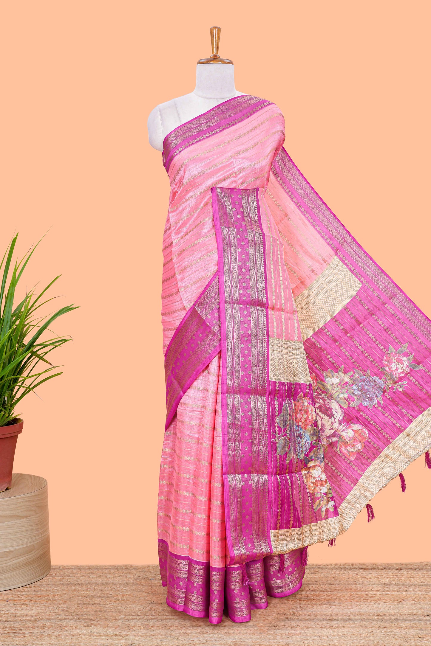Pink striped semi raw silk saree rudraksha zari butta and contrast printed pallu and border