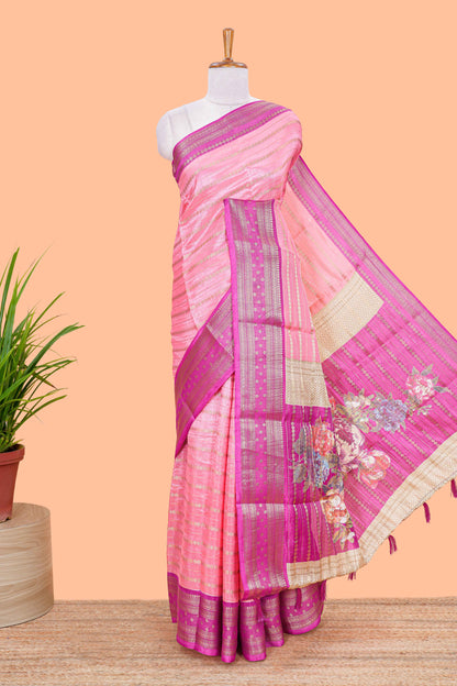 Pink striped semi raw silk saree rudraksha zari butta and contrast printed pallu and border