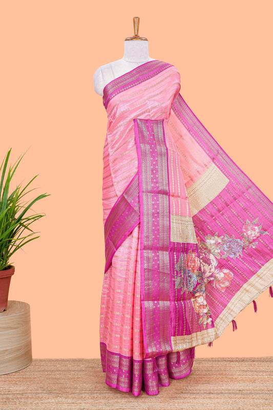 Pink striped semi raw silk saree rudraksha zari butta and contrast printed pallu and border