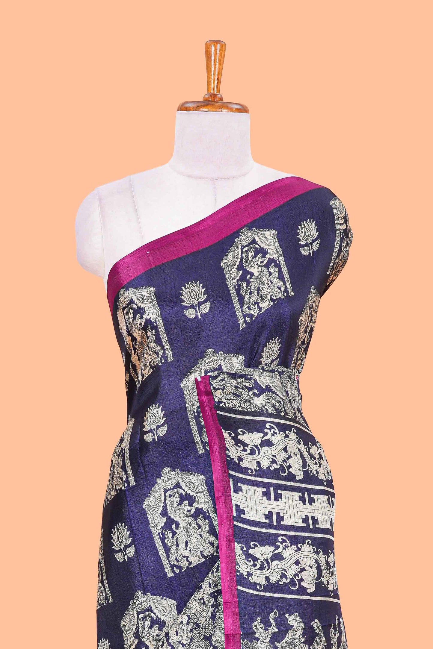 Blue south cotton saree with kalamkari print on body and pallu