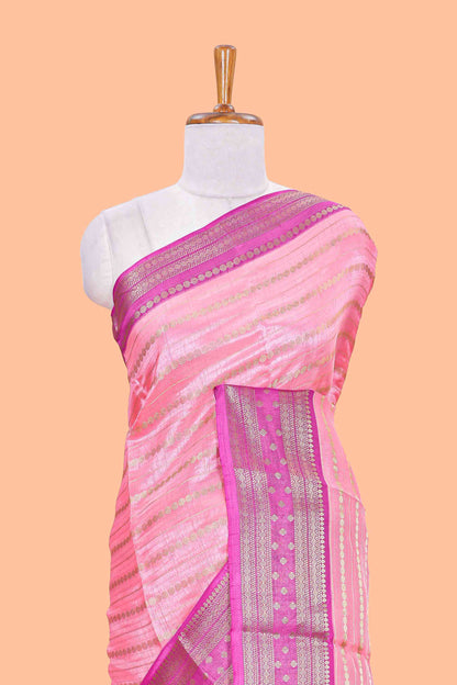 Pink striped semi raw silk saree rudraksha zari butta and contrast printed pallu and border