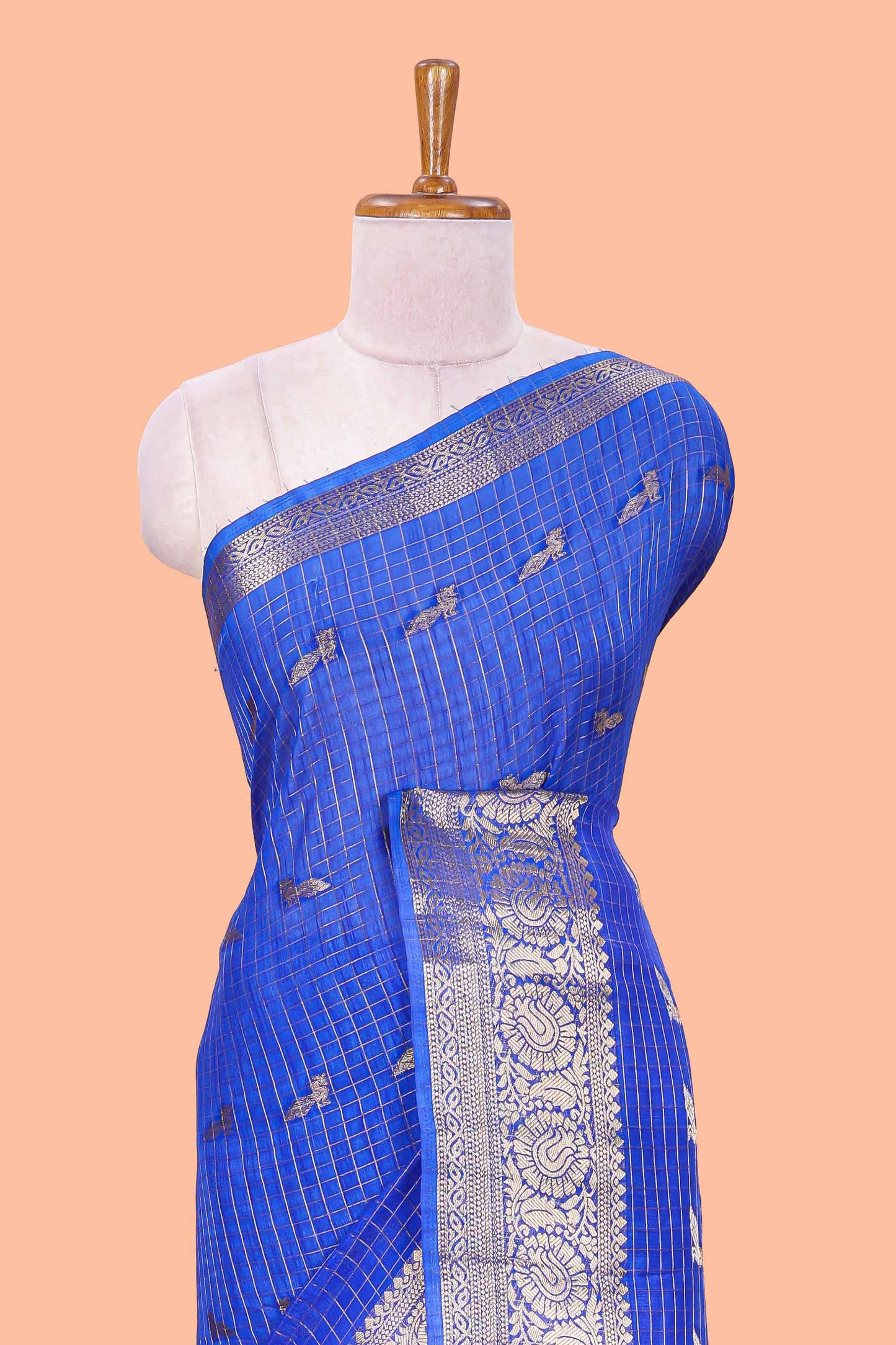 Blue checked peacock zari butta art raw silk saree with zari border and matching blouse