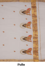 Cream peacock feather motifs design kerala cotton saree with self zari border and krishnan themed pallu