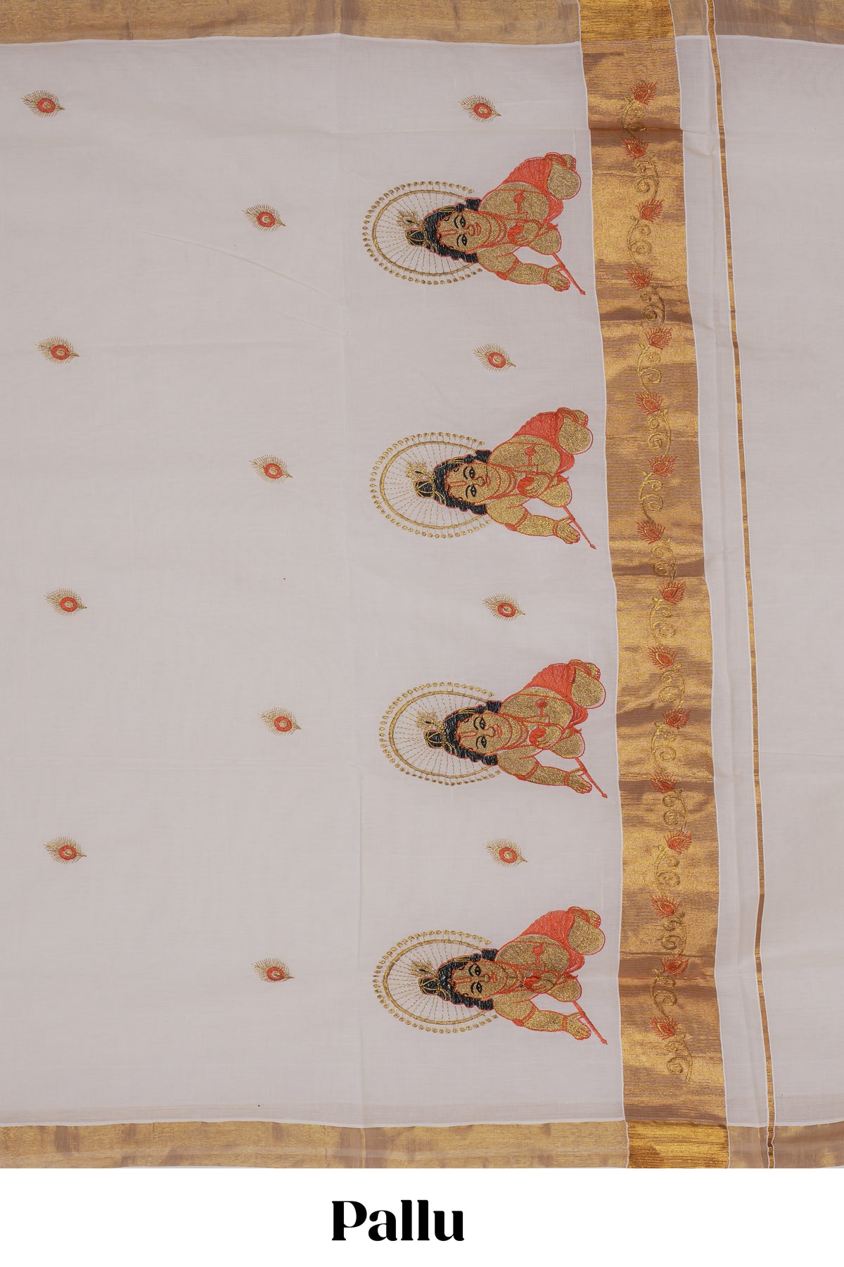 Cream peacock feather motifs design kerala cotton saree with self zari border and krishnan themed pallu
