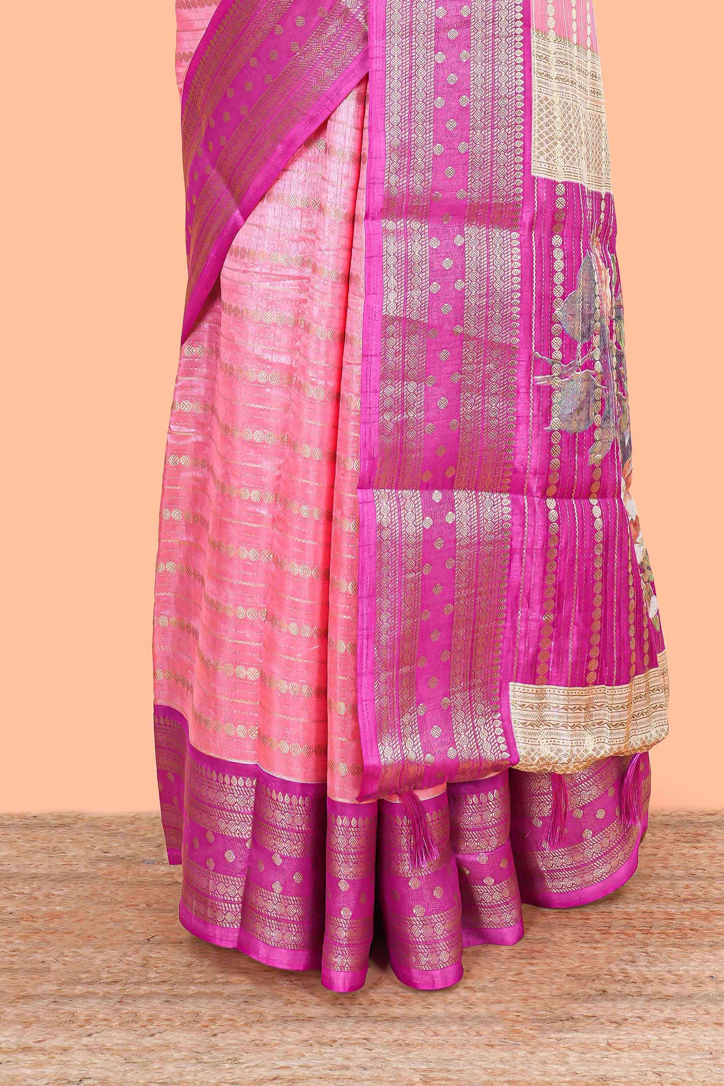 Pink striped semi raw silk saree rudraksha zari butta and contrast printed pallu and border