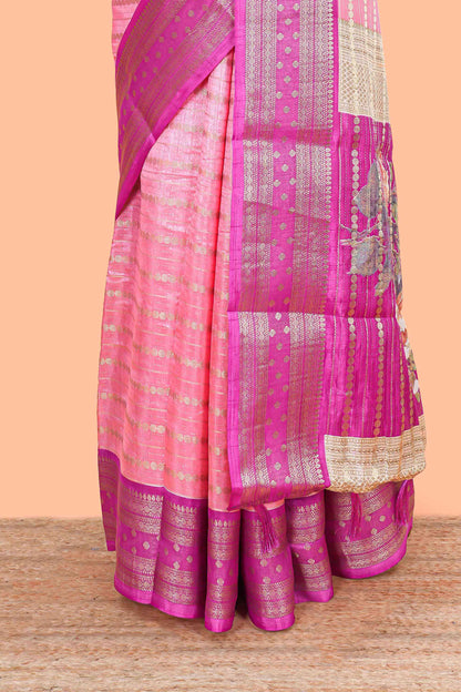 Pink striped semi raw silk saree rudraksha zari butta and contrast printed pallu and border