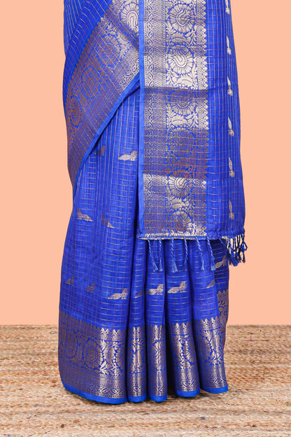 Blue checked peacock zari butta art raw silk saree with zari border and matching blouse