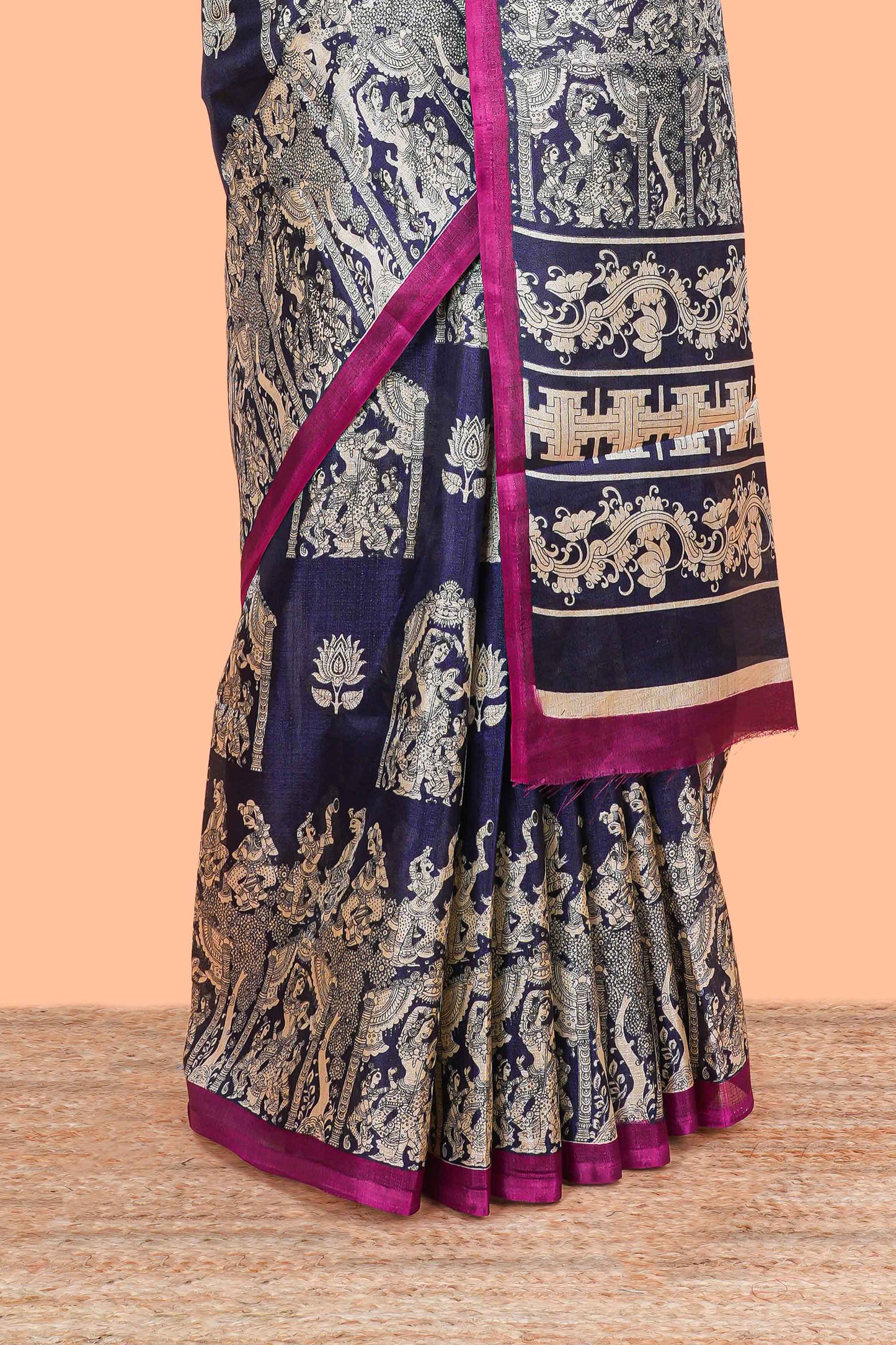 Blue south cotton saree with kalamkari print on body and pallu
