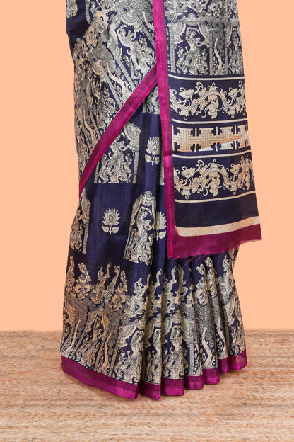 Blue south cotton saree with kalamkari print on body and pallu