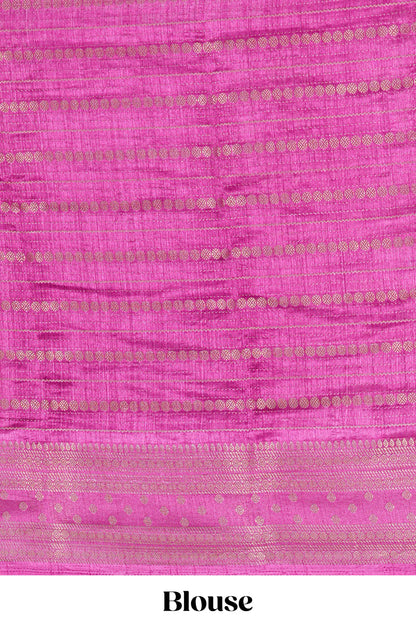 Pink striped semi raw silk saree rudraksha zari butta and contrast printed pallu and border