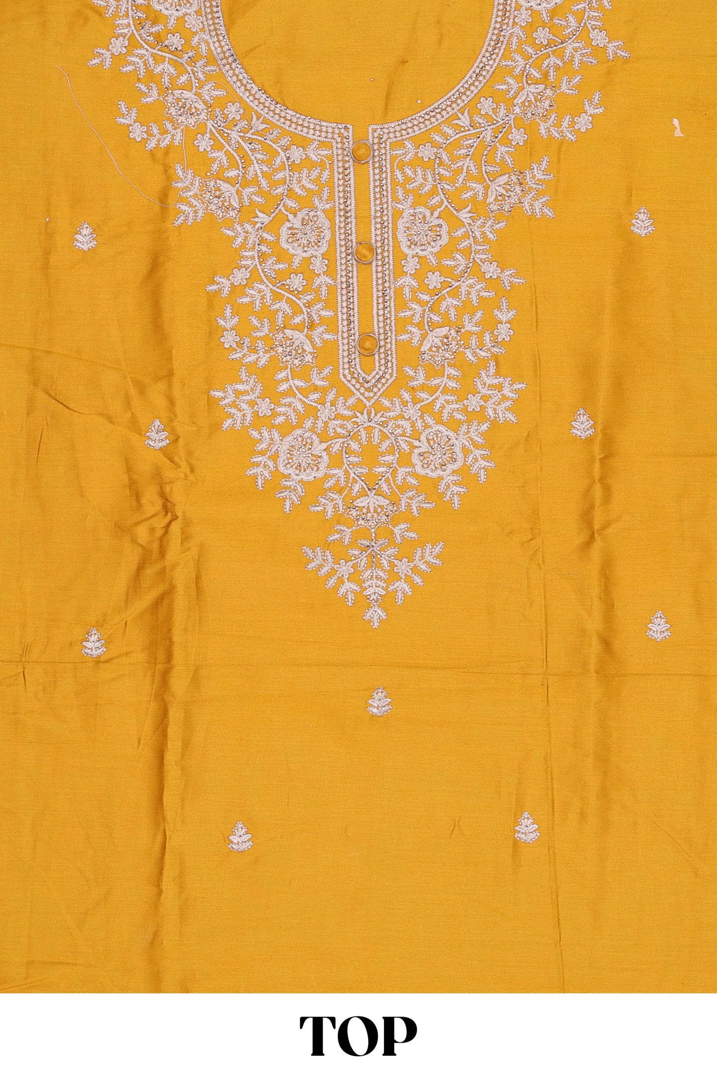 Mustard embroidered cotton silk chudidhar material with sequin thread work and contrast dupatta