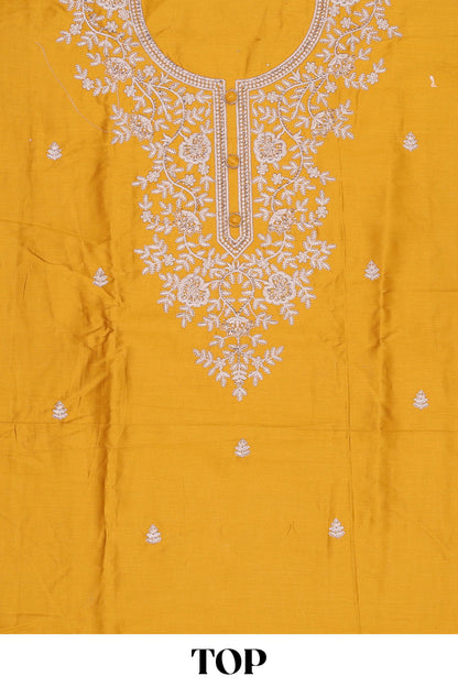 Mustard embroidered cotton silk chudidhar material with sequin thread work and contrast dupatta