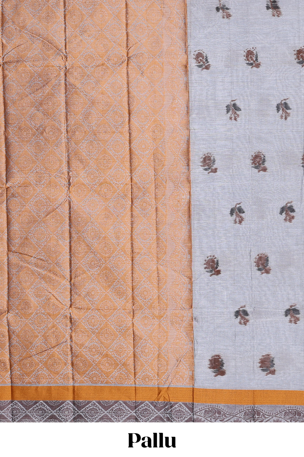 Grey floral butta bengal cotton saree with contrast border and pallu