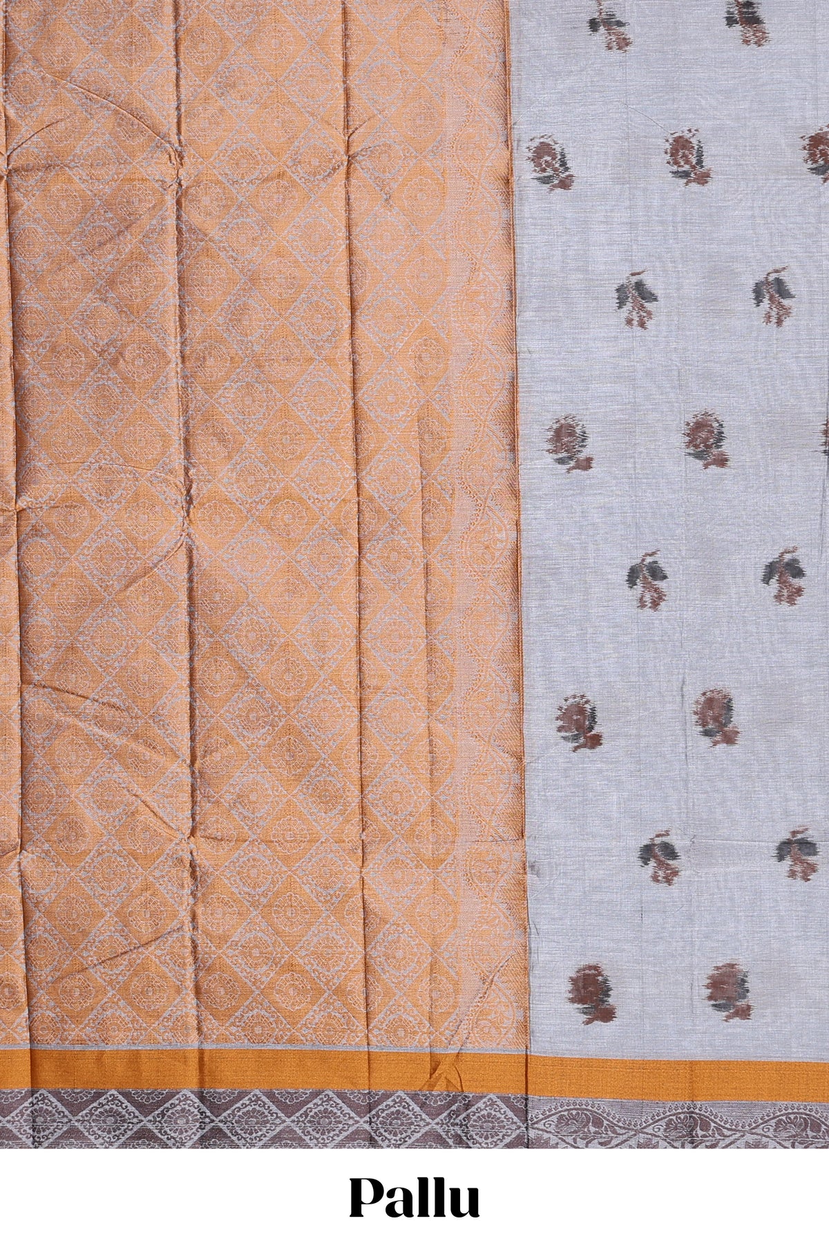 Grey floral butta bengal cotton saree with contrast border and pallu