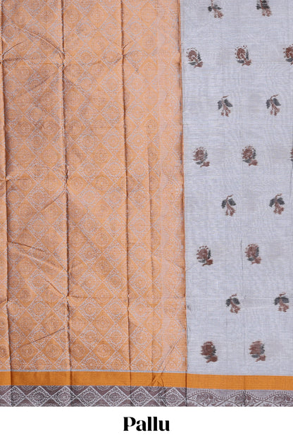 Grey floral butta bengal cotton saree with contrast border and pallu