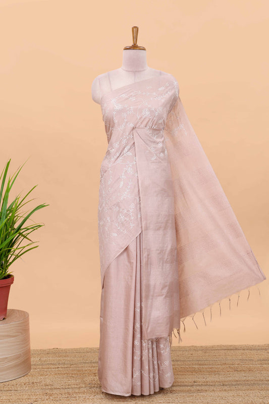 Borderless peach geomentric floral vines chikankari cotton saree with stripes pallu