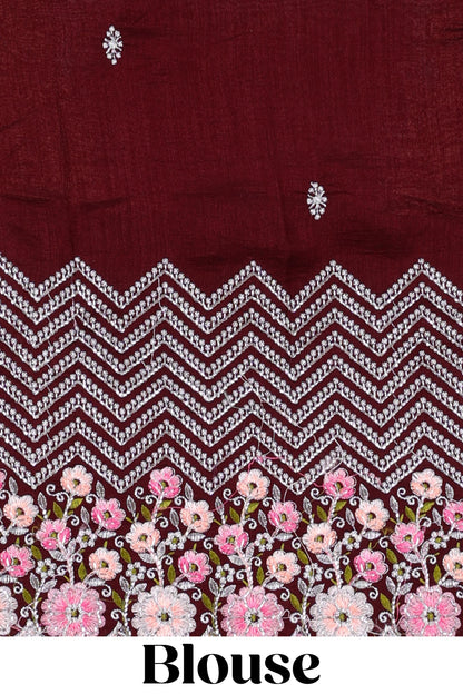 Gold chiffon georgette crush saree with all-over stone work, stone & beads border, and short stone work pallu with contrast embroidery blouse