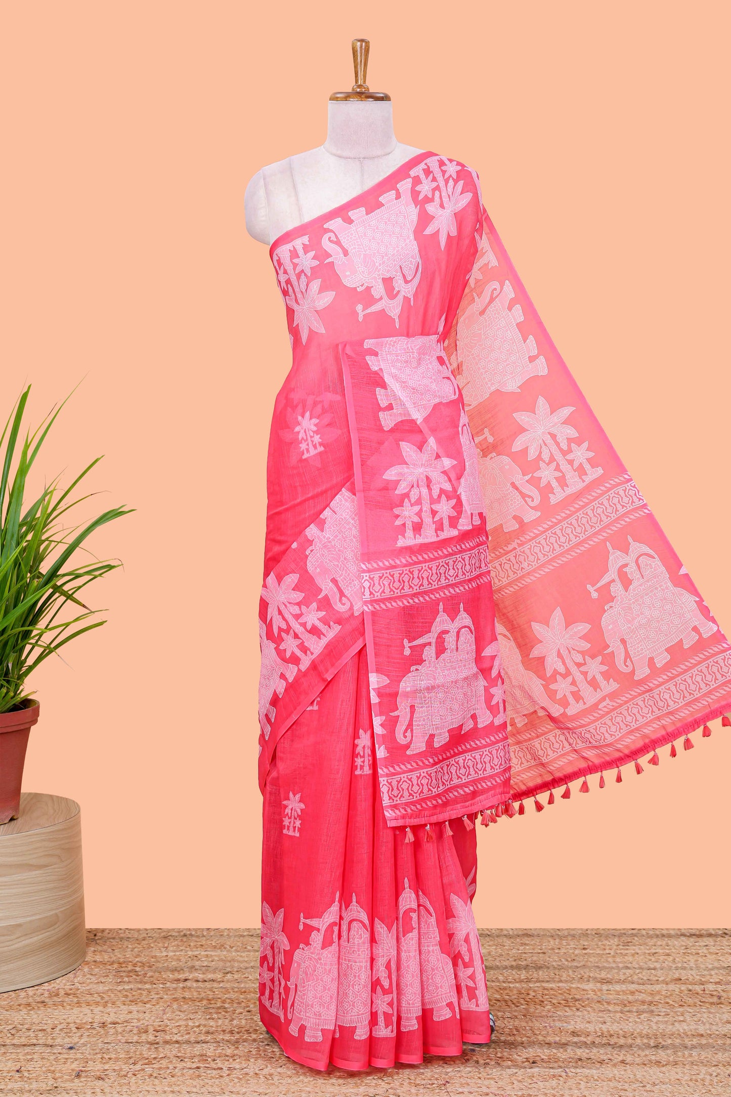 Red linen cotton palm tree and elephant print saree with self border and matching printed blouse