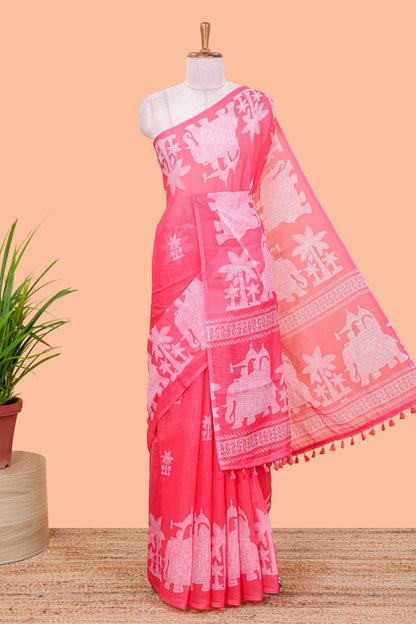 Red linen cotton palm tree and elephant print saree with self border and matching printed blouse