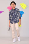 Boys Navy Blue Floral Print Cotton Full Hand Shirt with Beige Trousers Set