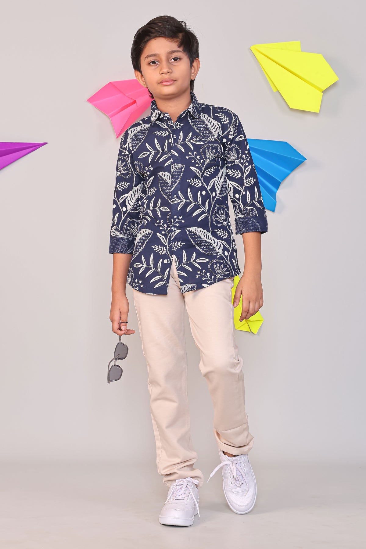 Boys Navy Blue Floral Print Cotton Full Hand Shirt with Beige Trousers Set