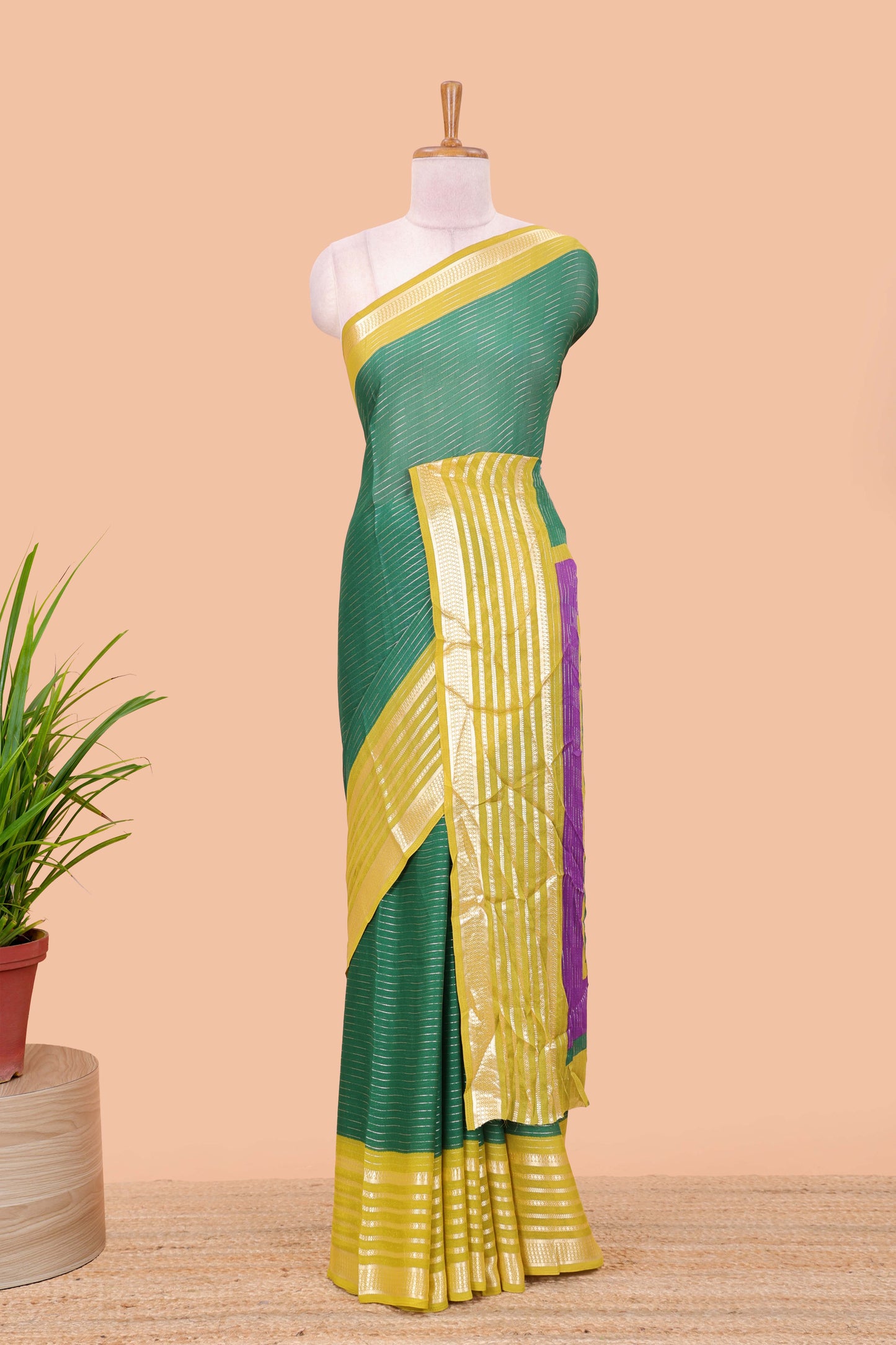 Green moss chiffon saree with jari weaving, contrast border & printed blouse
