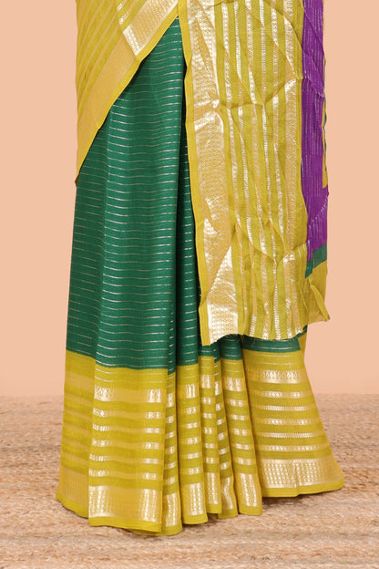 Green moss chiffon saree with jari weaving, contrast border & printed blouse