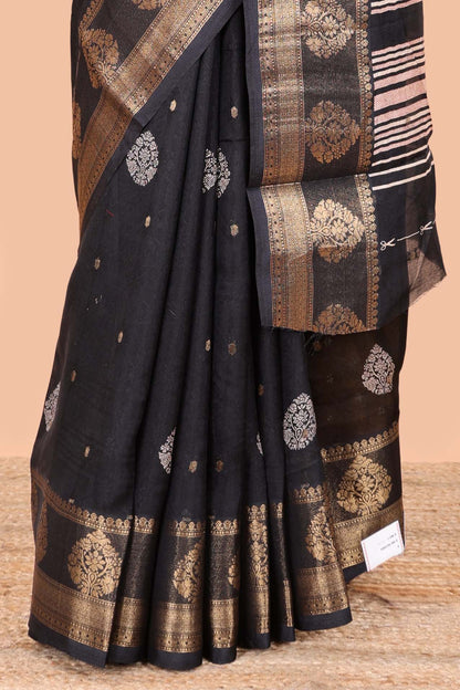 Black viscose dola silk self jacquard saree with print and zari butta, bentex zari border