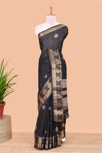 Black viscose dola silk self jacquard saree with print and zari butta, bentex zari border