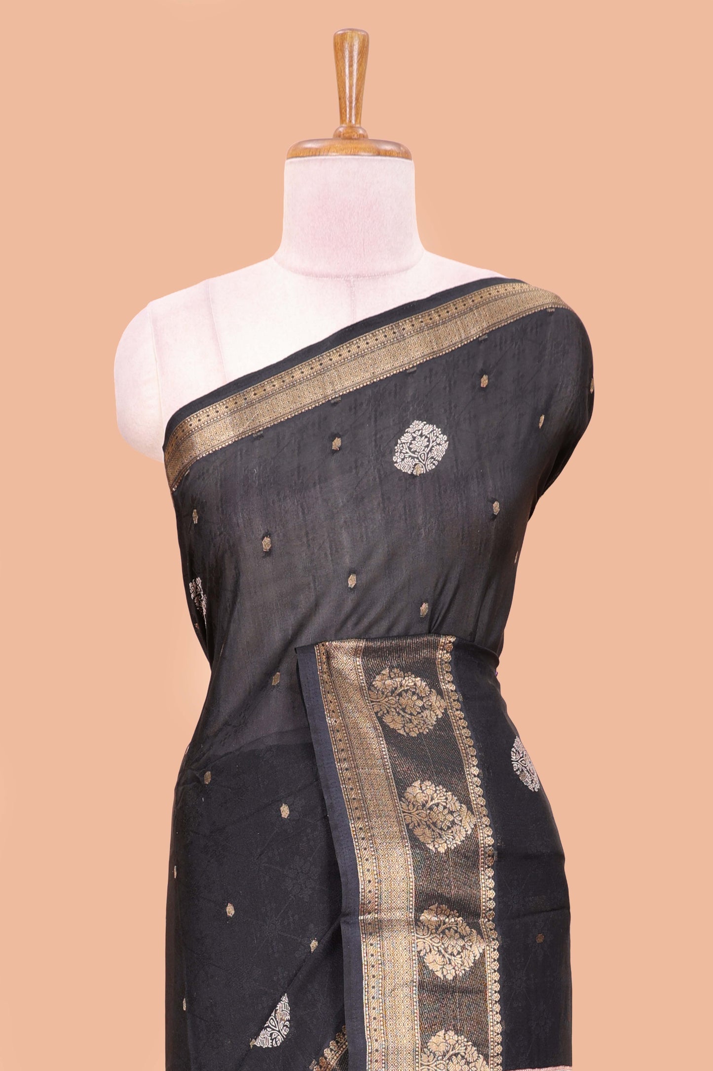 Black viscose dola silk self jacquard saree with print and zari butta, bentex zari border