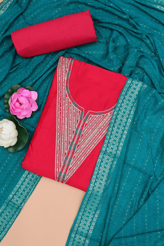 Rani pink embroidered cotton silk chudidhar material with sequin work and contrast dupatta