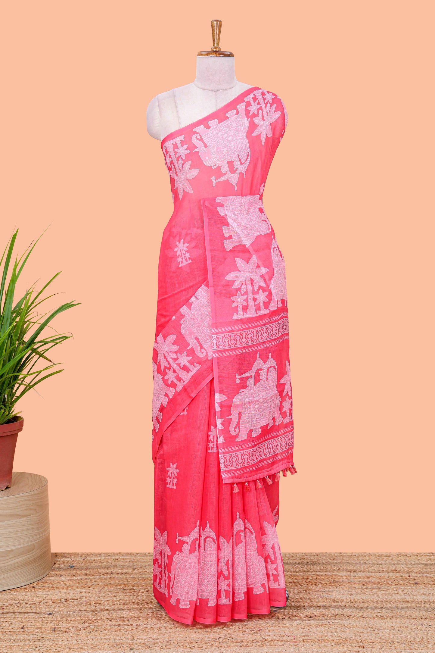 Red linen cotton palm tree and elephant print saree with self border and matching printed blouse