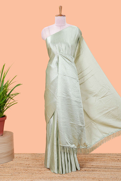 Borderless green crush texture satin crepe saree with contrast embroidery blouse