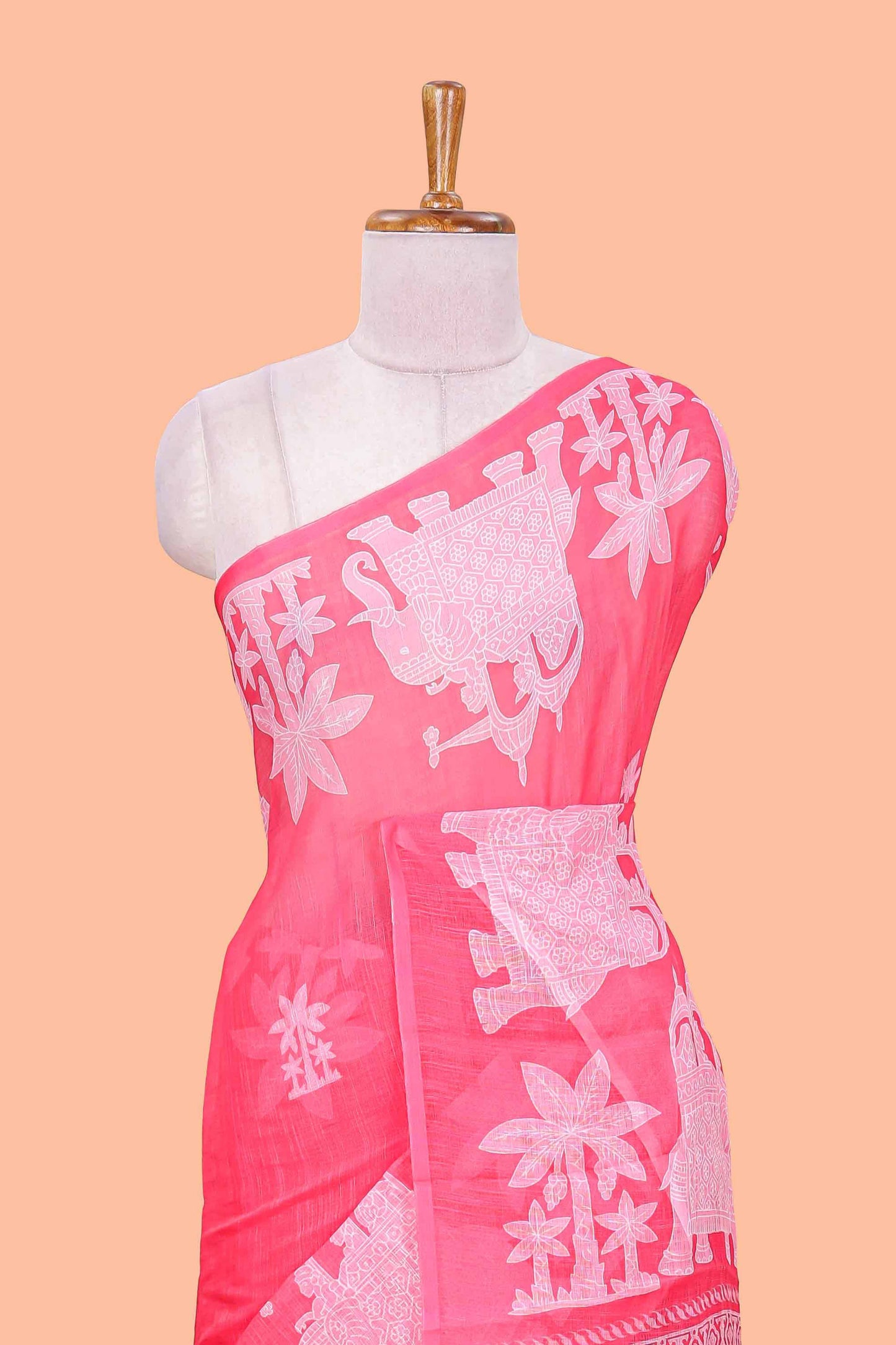 Red linen cotton palm tree and elephant print saree with self border and matching printed blouse