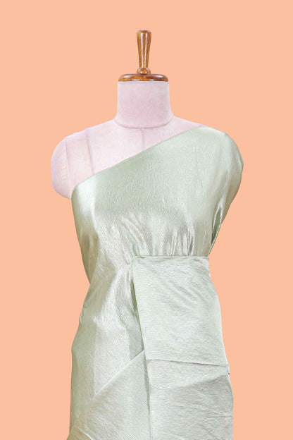 Borderless green crush texture satin crepe saree with contrast embroidery blouse