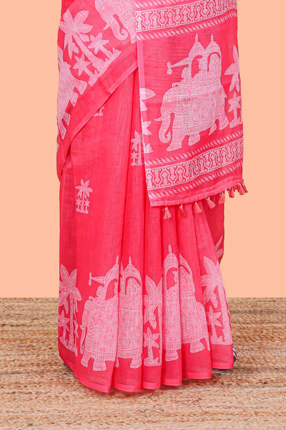 Red linen cotton palm tree and elephant print saree with self border and matching printed blouse