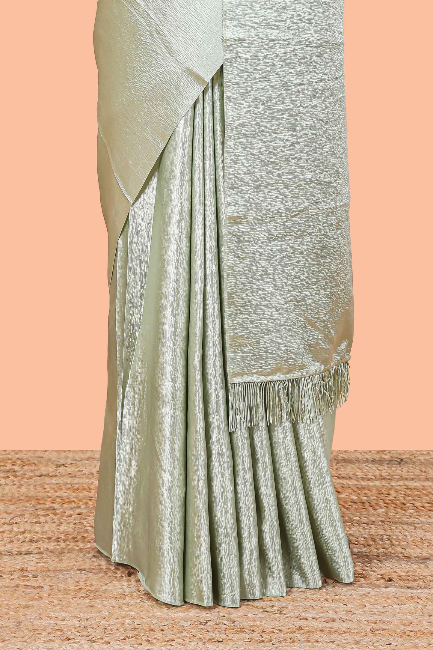 Borderless green crush texture satin crepe saree with contrast embroidery blouse