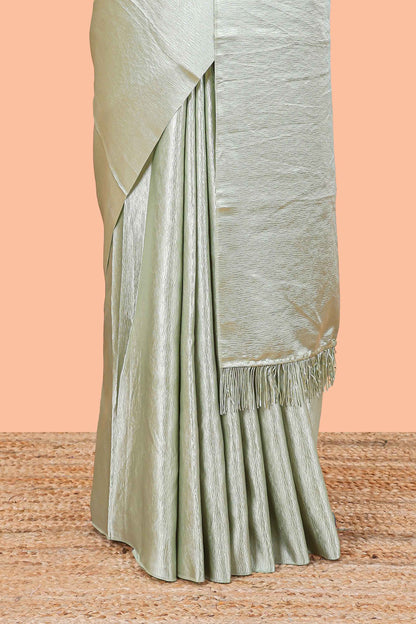 Borderless green crush texture satin crepe saree with contrast embroidery blouse