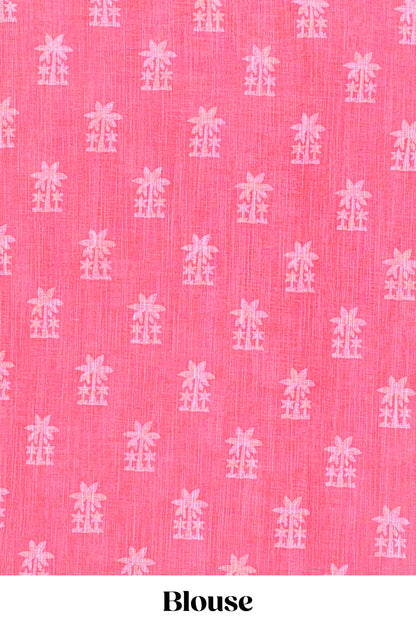 Red linen cotton palm tree and elephant print saree with self border and matching printed blouse