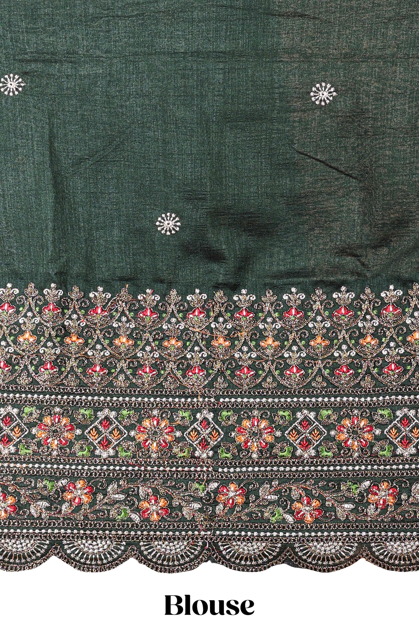 Borderless green crush texture satin crepe saree with contrast embroidery blouse