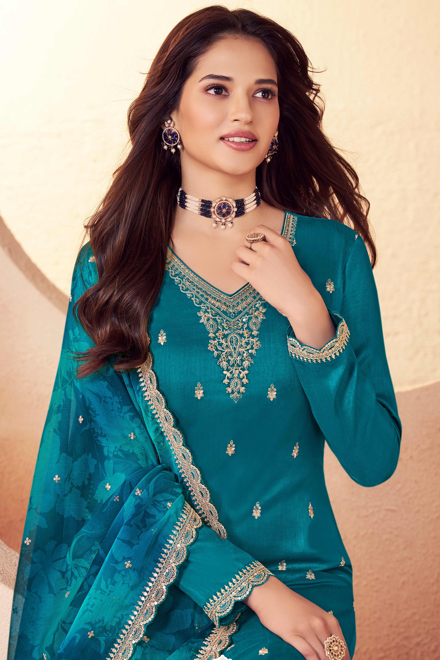 Blue moga silk embroidery chudidhar material with chiffon dupatta