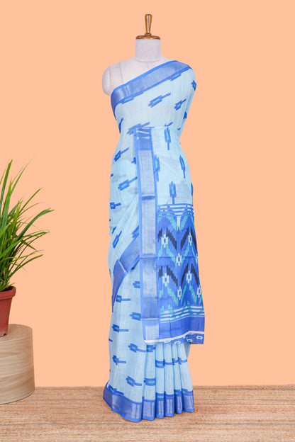 Sky blue Ikkat style linen cotton saree with contrast border and pallu
