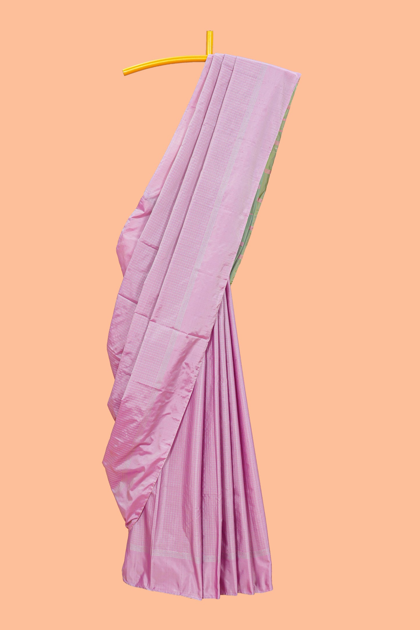 Peach soft silk vairaoosi saree with plain self border and contrast blouse