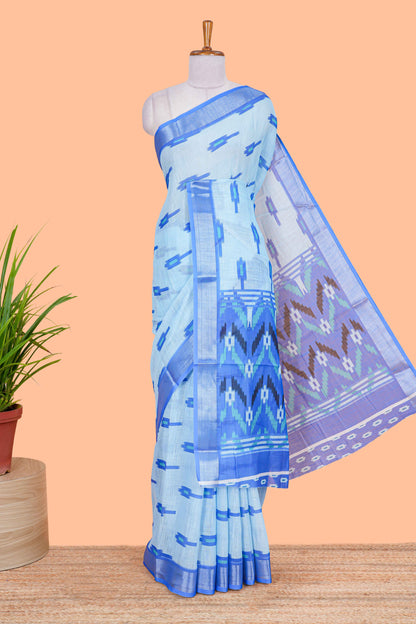 Sky blue Ikkat style linen cotton saree with contrast border and pallu