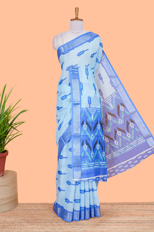 Sky blue Ikkat style linen cotton saree with contrast border and pallu