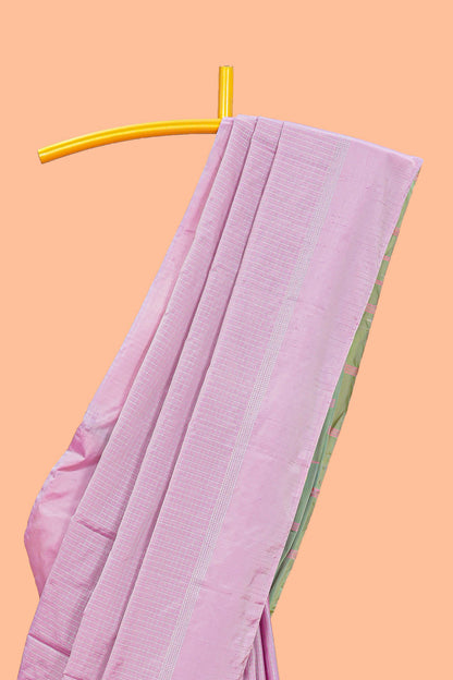 Peach soft silk vairaoosi saree with plain self border and contrast blouse