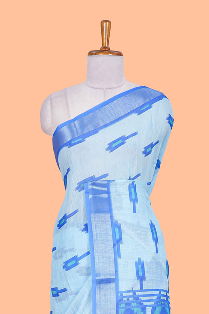 Sky blue Ikkat style linen cotton saree with contrast border and pallu