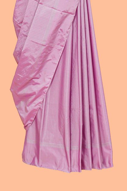 Peach soft silk vairaoosi saree with plain self border and contrast blouse