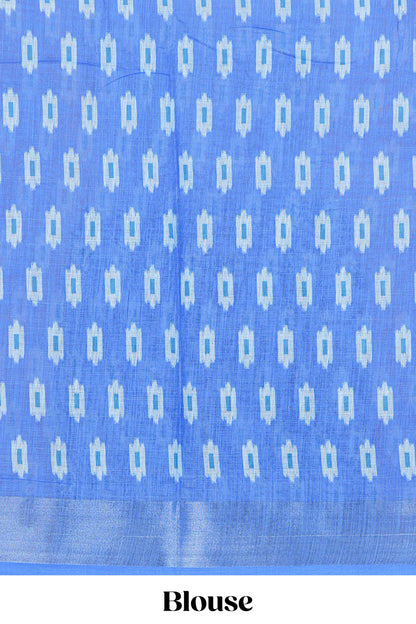 Sky blue Ikkat style linen cotton saree with contrast border and pallu